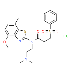 ChemSpider 2D Image | N-[2-(Dimethylamino)ethyl]-N-(4-methoxy-7-methyl-1,3-benzothiazol-2-yl)-3-(phenylsulfonyl)propanamide hydrochloride (1:1) | C22H28ClN3O4S2