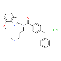 ChemSpider 2D Image | 4-Benzyl-N-[3-(dimethylamino)propyl]-N-(4-methoxy-1,3-benzothiazol-2-yl)benzamide hydrochloride (1:1) | C27H30ClN3O2S