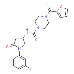 ChemSpider 2D Image | N-[1-(3-Fluorophenyl)-5-oxo-3-pyrrolidinyl]-4-(2-furoyl)-1-piperazinecarboxamide | C20H21FN4O4