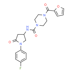 ChemSpider 2D Image | N-[1-(4-Fluorophenyl)-5-oxo-3-pyrrolidinyl]-4-(2-furoyl)-1-piperazinecarboxamide | C20H21FN4O4