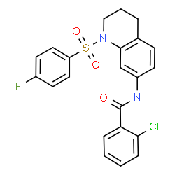 ChemSpider 2D Image | 2-Chloro-N-{1-[(4-fluorophenyl)sulfonyl]-1,2,3,4-tetrahydro-7-quinolinyl}benzamide | C22H18ClFN2O3S
