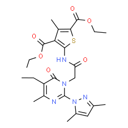 ChemSpider 2D Image | Diethyl 5-({[2-(3,5-dimethyl-1H-pyrazol-1-yl)-5-ethyl-4-methyl-6-oxo-1(6H)-pyrimidinyl]acetyl}amino)-3-methyl-2,4-thiophenedicarboxylate | C25H31N5O6S