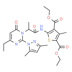 ChemSpider 2D Image | Diethyl 5-({2-[2-(3,5-dimethyl-1H-pyrazol-1-yl)-4-ethyl-6-oxo-1(6H)-pyrimidinyl]propanoyl}amino)-3-methyl-2,4-thiophenedicarboxylate | C25H31N5O6S