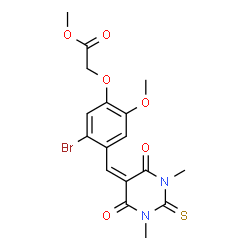 ChemSpider 2D Image | Methyl {5-bromo-4-[(1,3-dimethyl-4,6-dioxo-2-thioxotetrahydro-5(2H)-pyrimidinylidene)methyl]-2-methoxyphenoxy}acetate | C17H17BrN2O6S