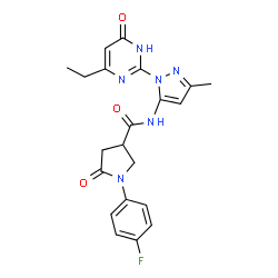 ChemSpider 2D Image | N-[1-(4-Ethyl-6-oxo-1,6-dihydro-2-pyrimidinyl)-3-methyl-1H-pyrazol-5-yl]-1-(4-fluorophenyl)-5-oxo-3-pyrrolidinecarboxamide | C21H21FN6O3