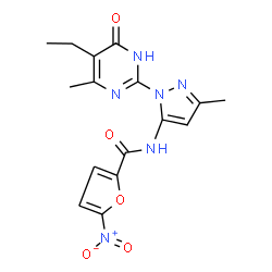 ChemSpider 2D Image | N-[1-(5-Ethyl-4-methyl-6-oxo-1,6-dihydro-2-pyrimidinyl)-3-methyl-1H-pyrazol-5-yl]-5-nitro-2-furamide | C16H16N6O5