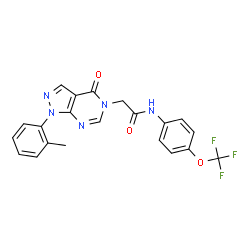 ChemSpider 2D Image | 2-[1-(2-Methylphenyl)-4-oxo-1,4-dihydro-5H-pyrazolo[3,4-d]pyrimidin-5-yl]-N-[4-(trifluoromethoxy)phenyl]acetamide | C21H16F3N5O3