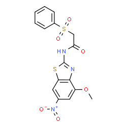ChemSpider 2D Image | N-(4-Methoxy-6-nitro-1,3-benzothiazol-2-yl)-2-(phenylsulfonyl)acetamide | C16H13N3O6S2