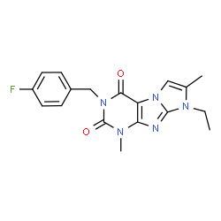 ChemSpider 2D Image | 8-Ethyl-3-(4-fluorobenzyl)-1,7-dimethyl-1H-imidazo[2,1-f]purine-2,4(3H,8H)-dione | C18H18FN5O2