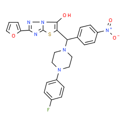 ChemSpider 2D Image | 5-{[4-(4-Fluorophenyl)-1-piperazinyl](4-nitrophenyl)methyl}-2-(2-furyl)[1,3]thiazolo[3,2-b][1,2,4]triazol-6-ol | C25H21FN6O4S