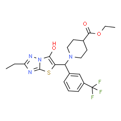 ChemSpider 2D Image | Ethyl 1-{(2-ethyl-6-hydroxy[1,3]thiazolo[3,2-b][1,2,4]triazol-5-yl)[3-(trifluoromethyl)phenyl]methyl}-4-piperidinecarboxylate | C22H25F3N4O3S