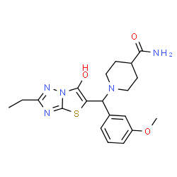 ChemSpider 2D Image | 1-[(2-Ethyl-6-hydroxy[1,3]thiazolo[3,2-b][1,2,4]triazol-5-yl)(3-methoxyphenyl)methyl]-4-piperidinecarboxamide | C20H25N5O3S