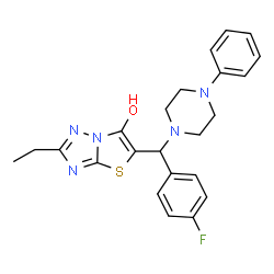 ChemSpider 2D Image | 2-Ethyl-5-[(4-fluorophenyl)(4-phenyl-1-piperazinyl)methyl][1,3]thiazolo[3,2-b][1,2,4]triazol-6-ol | C23H24FN5OS