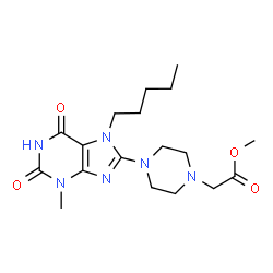 ChemSpider 2D Image | Methyl [4-(3-methyl-2,6-dioxo-7-pentyl-2,3,6,7-tetrahydro-1H-purin-8-yl)-1-piperazinyl]acetate | C18H28N6O4