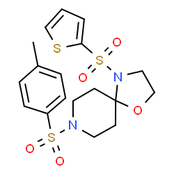 ChemSpider 2D Image | 8-[(4-Methylphenyl)sulfonyl]-4-(2-thienylsulfonyl)-1-oxa-4,8-diazaspiro[4.5]decane | C18H22N2O5S3