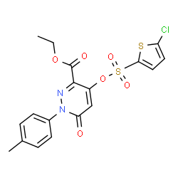 ChemSpider 2D Image | Ethyl 4-{[(5-chloro-2-thienyl)sulfonyl]oxy}-1-(4-methylphenyl)-6-oxo-1,6-dihydro-3-pyridazinecarboxylate | C18H15ClN2O6S2