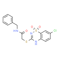 ChemSpider 2D Image | N-Benzyl-2-[(7-chloro-1,1-dioxido-2H-1,2,4-benzothiadiazin-3-yl)sulfanyl]acetamide | C16H14ClN3O3S2