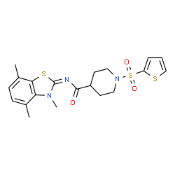 ChemSpider 2D Image | 1-(2-Thienylsulfonyl)-N-[(2E)-3,4,7-trimethyl-1,3-benzothiazol-2(3H)-ylidene]-4-piperidinecarboxamide | C20H23N3O3S3