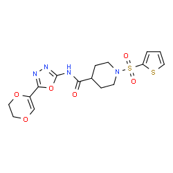 ChemSpider 2D Image | N-[5-(5,6-Dihydro-1,4-dioxin-2-yl)-1,3,4-oxadiazol-2-yl]-1-(2-thienylsulfonyl)-4-piperidinecarboxamide | C16H18N4O6S2