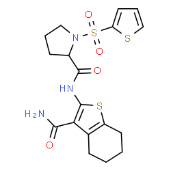 ChemSpider 2D Image | N-(3-Carbamoyl-4,5,6,7-tetrahydro-1-benzothiophen-2-yl)-1-(2-thienylsulfonyl)prolinamide | C18H21N3O4S3