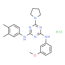 ChemSpider 2D Image | N-(3,4-Dimethylphenyl)-N'-(3-methoxyphenyl)-6-(1-pyrrolidinyl)-1,3,5-triazine-2,4-diamine hydrochloride (1:1) | C22H27ClN6O