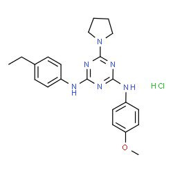 ChemSpider 2D Image | N-(4-Ethylphenyl)-N'-(4-methoxyphenyl)-6-(1-pyrrolidinyl)-1,3,5-triazine-2,4-diamine hydrochloride (1:1) | C22H27ClN6O