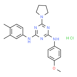 ChemSpider 2D Image | N-(3,4-Dimethylphenyl)-N'-(4-methoxyphenyl)-6-(1-pyrrolidinyl)-1,3,5-triazine-2,4-diamine hydrochloride (1:1) | C22H27ClN6O
