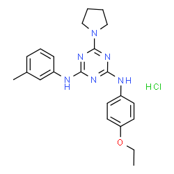 ChemSpider 2D Image | N-(4-Ethoxyphenyl)-N'-(3-methylphenyl)-6-(1-pyrrolidinyl)-1,3,5-triazine-2,4-diamine hydrochloride (1:1) | C22H27ClN6O