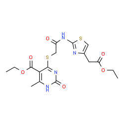 ChemSpider 2D Image | Ethyl 4-[(2-{[4-(2-ethoxy-2-oxoethyl)-1,3-thiazol-2-yl]amino}-2-oxoethyl)sulfanyl]-6-methyl-2-oxo-1,2-dihydro-5-pyrimidinecarboxylate | C17H20N4O6S2