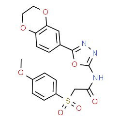ChemSpider 2D Image | N-[5-(2,3-Dihydro-1,4-benzodioxin-6-yl)-1,3,4-oxadiazol-2-yl]-2-[(4-methoxyphenyl)sulfonyl]acetamide | C19H17N3O7S