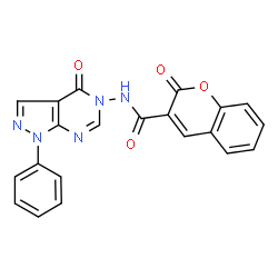 ChemSpider 2D Image | 2-Oxo-N-(4-oxo-1-phenyl-1,4-dihydro-5H-pyrazolo[3,4-d]pyrimidin-5-yl)-2H-chromene-3-carboxamide | C21H13N5O4