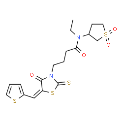 ChemSpider 2D Image | N-(1,1-Dioxidotetrahydro-3-thiophenyl)-N-ethyl-4-[(5E)-4-oxo-5-(2-thienylmethylene)-2-thioxo-1,3-thiazolidin-3-yl]butanamide | C18H22N2O4S4