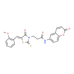 ChemSpider 2D Image | 3-[(5Z)-5-(2-Methoxybenzylidene)-4-oxo-2-thioxo-1,3-thiazolidin-3-yl]-N-(2-oxo-2H-chromen-6-yl)propanamide | C23H18N2O5S2