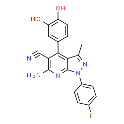 ChemSpider 2D Image | 6-amino-4-(3,4-dihydroxyphenyl)-1-(4-fluorophenyl)-3-methyl-pyrazolo[3,4-b]pyridine-5-carbonitrile | C20H14FN5O2
