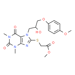 ChemSpider 2D Image | Methyl ({7-[2-hydroxy-3-(4-methoxyphenoxy)propyl]-1,3-dimethyl-2,6-dioxo-2,3,6,7-tetrahydro-1H-purin-8-yl}sulfanyl)acetate | C20H24N4O7S