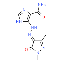 ChemSpider 2D Image | 4-[(2E)-2-(1,3-Dimethyl-5-oxo-1,5-dihydro-4H-pyrazol-4-ylidene)hydrazino]-1H-imidazole-5-carboxamide | C9H11N7O2