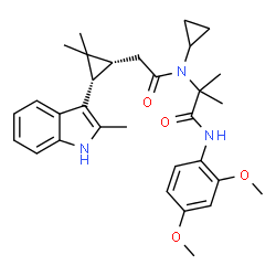 ChemSpider 2D Image | 2-(N-cyclopropyl-2-((1R,3S)-2,2-dimethyl-3-(2-methyl-1H-indol-3-yl)cyclopropyl)acetamido)-N-(2,4-dimethoxyphenyl)-2-methylpropanamide | C31H39N3O4