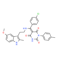 ChemSpider 2D Image | (E)-5-((4-chlorophenyl)(2-(5-methoxy-2-methyl-1H-indol-3-yl)ethylamino)methylene)-1-p-tolylpyrimidine-2,4,6(1H,3H,5H)-trione | C30H27ClN4O4