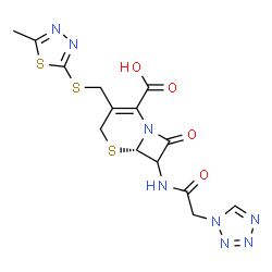ChemSpider 2D Image | (6S)-3-{[(5-Methyl-1,3,4-thiadiazol-2-yl)sulfanyl]methyl}-8-oxo-7-[(1H-tetrazol-1-ylacetyl)amino]-5-thia-1-azabicyclo[4.2.0]oct-2-ene-2-carboxylic acid | C14H14N8O4S3