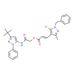 ChemSpider 2D Image | 2-{[3-(2-Methyl-2-propanyl)-1-phenyl-1H-pyrazol-5-yl]amino}-2-oxoethyl (2E)-3-(1-benzyl-5-chloro-3-methyl-1H-pyrazol-4-yl)acrylate | C29H30ClN5O3