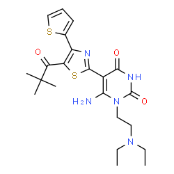 ChemSpider 2D Image | 6-Amino-1-[2-(diethylamino)ethyl]-5-[5-(2,2-dimethylpropanoyl)-4-(2-thienyl)-1,3-thiazol-2-yl]-2,4(1H,3H)-pyrimidinedione | C22H29N5O3S2