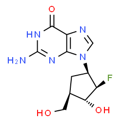ChemSpider 2D Image | 2-Amino-9-[(1R,2R,3R,4R)-2-fluoro-3-hydroxy-4-(hydroxymethyl)cyclopentyl]-1,9-dihydro-6H-purin-6-one | C11H14FN5O3