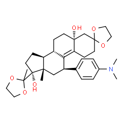 ChemSpider 2D Image | (5R,8S,11R,13S,14S,17R)-11-[4-(Dimethylamino)phenyl]-13-methyl-17-(2-methyl-1,3-dioxolan-2-yl)-1,2,6,7,8,11,12,13,14,15,16,17-dodecahydrospiro[cyclopenta[a]phenanthrene-3,2'-[1,3]dioxolane]-5,17(4H)-d
iol | C32H45NO6