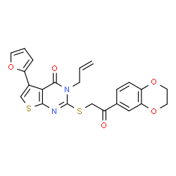 ChemSpider 2D Image | 3-Allyl-2-{[2-(2,3-dihydro-1,4-benzodioxin-6-yl)-2-oxoethyl]sulfanyl}-5-(2-furyl)thieno[2,3-d]pyrimidin-4(3H)-one | C23H18N2O5S2