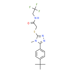 ChemSpider 2D Image | 2-({4-Methyl-5-[4-(2-methyl-2-propanyl)phenyl]-4H-1,2,4-triazol-3-yl}sulfanyl)-N-(2,2,2-trifluoroethyl)acetamide | C17H21F3N4OS