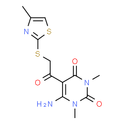 ChemSpider 2D Image | 6-Amino-1,3-dimethyl-5-{[(4-methyl-1,3-thiazol-2-yl)sulfanyl]acetyl}-2,4(1H,3H)-pyrimidinedione | C12H14N4O3S2