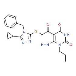 ChemSpider 2D Image | 6-Amino-5-{[(4-benzyl-5-cyclopropyl-4H-1,2,4-triazol-3-yl)sulfanyl]acetyl}-1-propyl-2,4(1H,3H)-pyrimidinedione | C21H24N6O3S