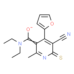 ChemSpider 2D Image | [5-Cyano-4-(2-furyl)-2-methyl-6-thioxo-3(6H)-pyridinylidene](diethylamino)methanolate | C16H16N3O2S