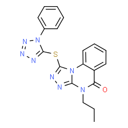 ChemSpider 2D Image | 1-[(1-Phenyl-1H-tetrazol-5-yl)sulfanyl]-4-propyl[1,2,4]triazolo[4,3-a]quinazolin-5(4H)-one | C19H16N8OS