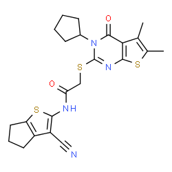 ChemSpider 2D Image | N-(3-Cyano-5,6-dihydro-4H-cyclopenta[b]thiophen-2-yl)-2-[(3-cyclopentyl-5,6-dimethyl-4-oxo-3,4-dihydrothieno[2,3-d]pyrimidin-2-yl)sulfanyl]acetamide | C23H24N4O2S3